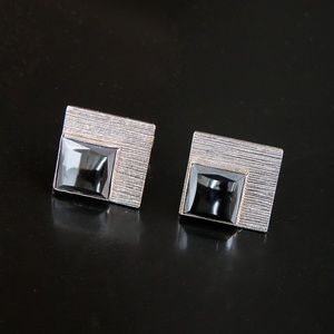 Vtg Hematite Cufflinks Charcoal Silver & Gold Tone